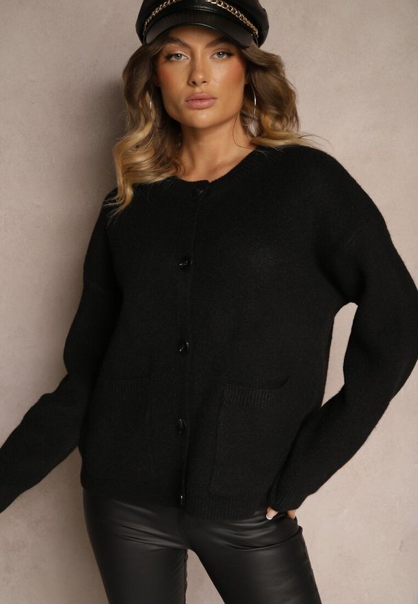 Renee - Czarny Rozpinany Casualowy Kardigan z Wełną Besalttia. Okazja: na co dzień. Kolor: czarny. Materiał: wełna. Sezon: jesień. Styl: casual