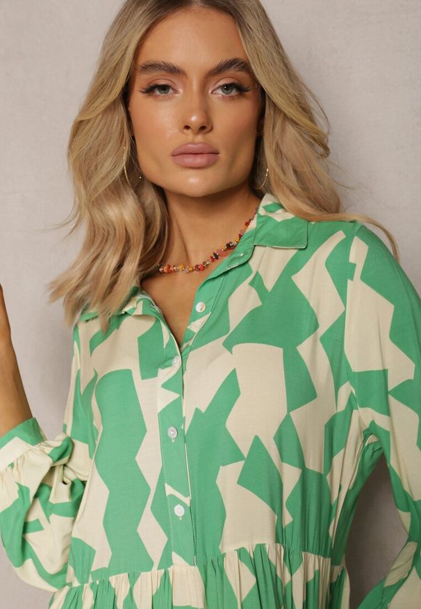 Renee - Zielono-Beżowa Koszulowa Sukienka Maxi w Geometryczny Wzór Qerida. Okazja: na co dzień. Kolor: zielony. Długość rękawa: krótki rękaw. Wzór: geometria. Typ sukienki: koszulowe. Styl: casual. Długość: maxi