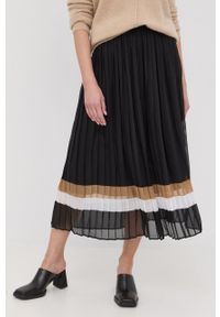 BOSS spódnica kolor czarny midi rozkloszowana. Kolor: czarny. Materiał: materiał, włókno, tkanina