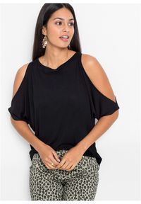 bonprix - Bluzka z wiskozy odkrytymi ramionami. Kolor: czarny. Materiał: wiskoza. Długość rękawa: krótki rękaw. Długość: krótkie #1