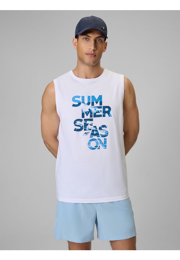 4f - 4F Koszulka bez rękawów regular z nadrukiem męska - biała M. Kolor: biały. Materiał: dzianina, bawełna. Długość rękawa: bez rękawów. Wzór: nadruk. Sezon: lato