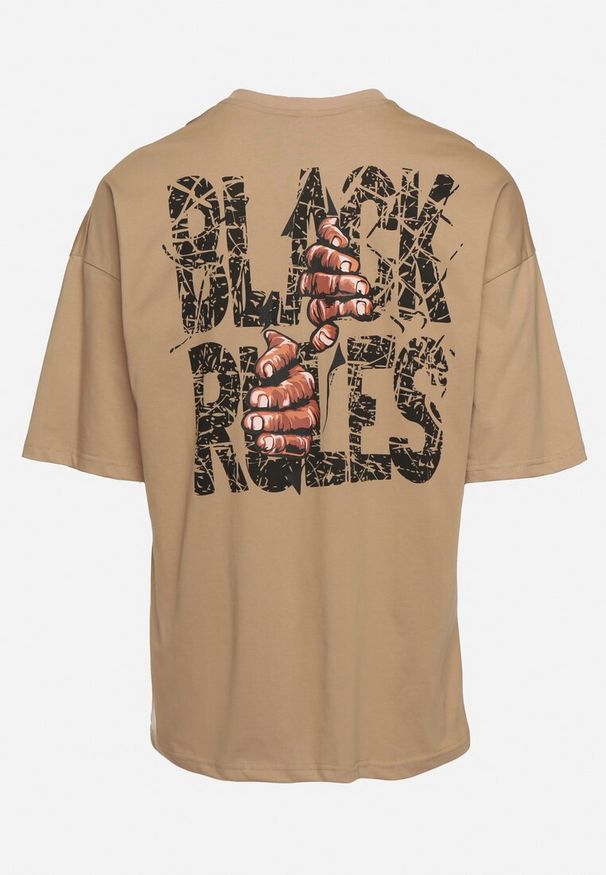 Born2be - Ciemnobeżowa Bawełniana Koszulka T-shirt z Nadrukiem po Obu Stronach Daven. Kolor: beżowy. Materiał: bawełna. Długość rękawa: krótki rękaw. Długość: krótkie. Wzór: nadruk