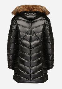 Born2be - Czarno-Brązowa Długa Pikowana Kurtka z Odpinanym Futerkiem i Sznurkami Rinnarae. Okazja: na co dzień, na spacer. Typ kołnierza: kaptur. Kolor: czarny. Materiał: futro. Długość: długie. Styl: casual, elegancki #3