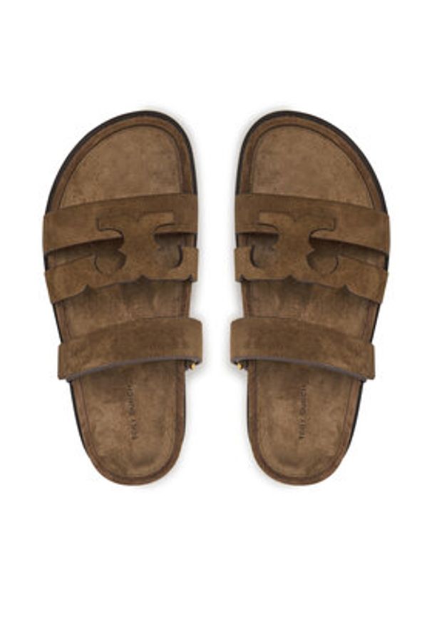 Tory Burch Klapki Ines Sport Slide 163481 Brązowy. Kolor: brązowy. Materiał: zamsz, skóra. Styl: sportowy