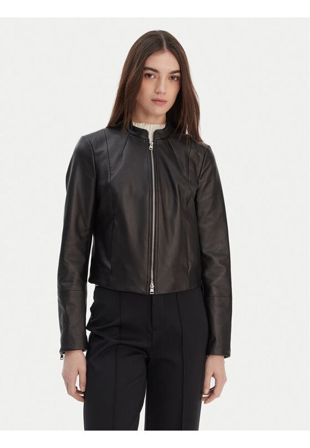 Hugo - HUGO Kurtka skórzana Lasari 50555743 Czarny Regular Fit. Kolor: czarny. Materiał: skóra