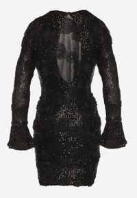 Born2be - Czarna Cekinowa Sukienka z Kwiatami 3D Naweda. Okazja: na spotkanie biznesowe. Kolor: czarny. Materiał: poliester, jeans. Wzór: kwiaty. Styl: biznesowy #2