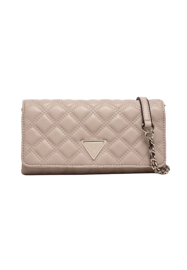 Guess - GUESS Damski portfel na łańcuszku w kolorze taupe Giully II Mini. Kolor: beżowy. Materiał: materiał