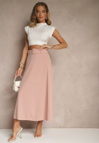 Renee - Różowa Rozkloszowana Spódnica Maxi z Paskiem i Klamrą Adlirca. Okazja: na co dzień. Kolor: różowy. Materiał: materiał. Wzór: gładki. Styl: casual #4