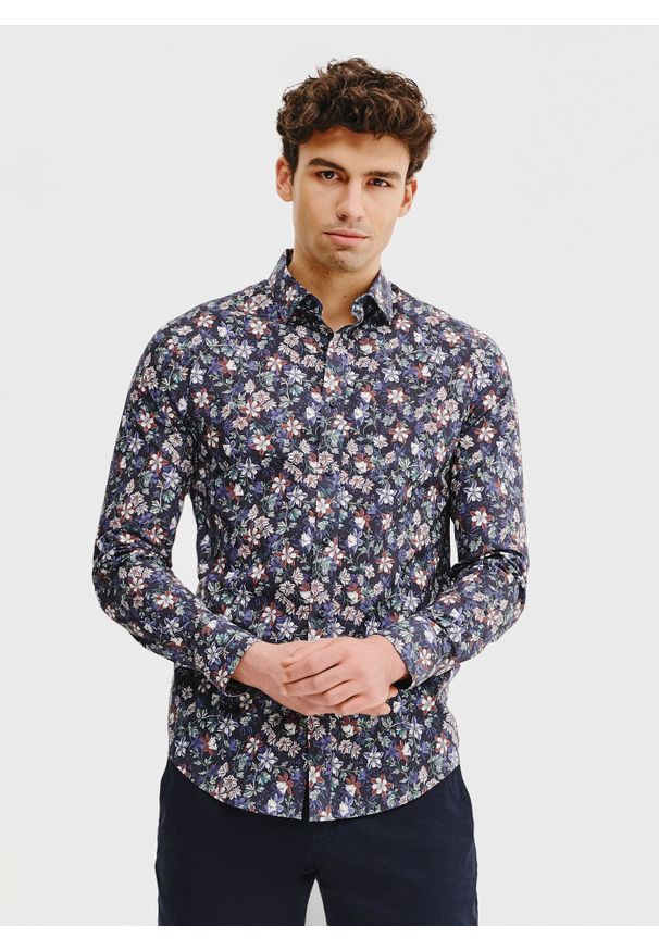 Pako Lorente - PAKO LORENTE – Granatowa koszula męska w kwiaty. Kolor: niebieski. Materiał: bawełna, elastan. Długość rękawa: długi rękaw. Długość: długie. Wzór: kwiaty