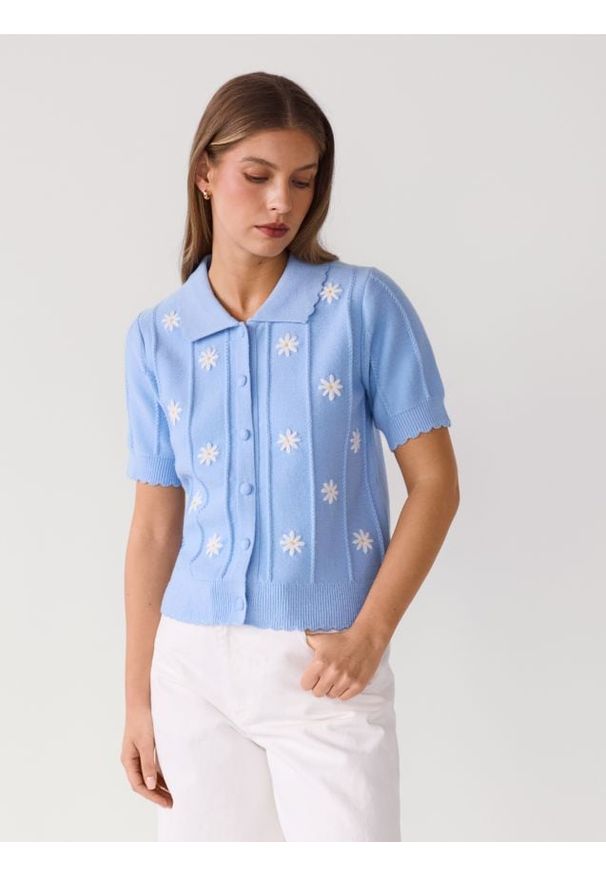 Reserved - Kardigan z kołnierzem - jasnoniebieski. Kolor: niebieski. Materiał: dzianina, wiskoza