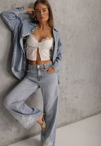 Renee - Niebieskie Jeansy Szerokie w Styku Boho z Ozdobnym Nadrukiem na Nogawkach Endippe. Kolor: niebieski. Wzór: nadruk. Styl: boho #4