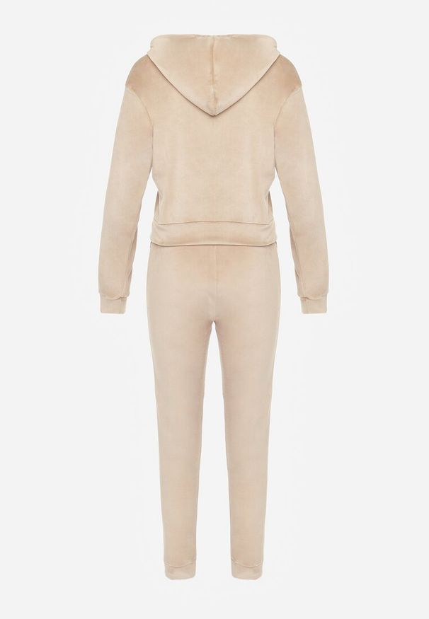 Renee - Beżowy Welurowy Komplet Dresowy Ozdobiony Lampasami w Cętki Anilwo. Kolor: beżowy. Materiał: welur, dresówka. Wzór: aplikacja