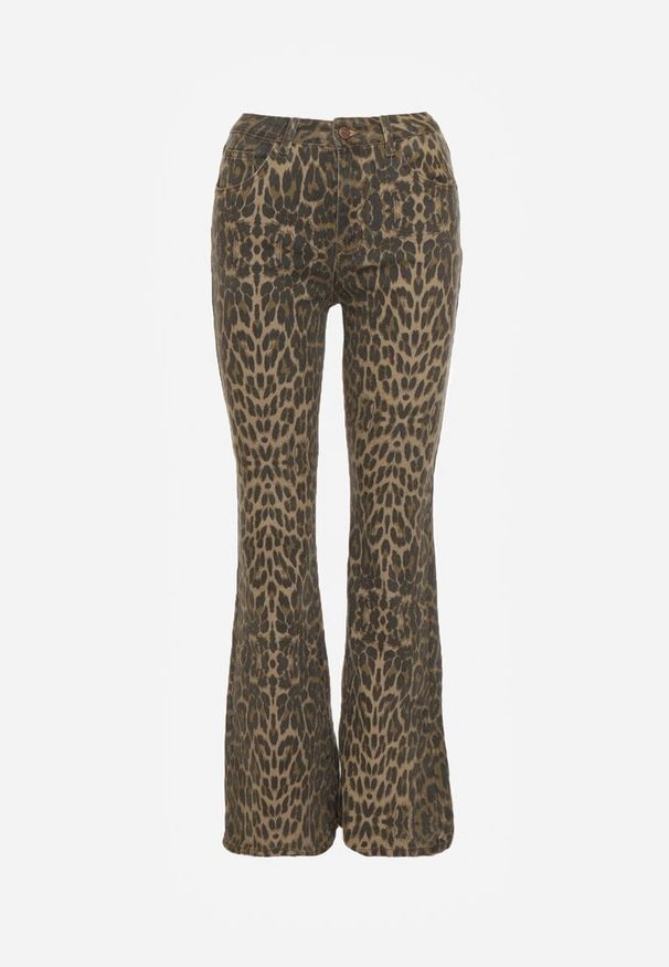 Renee - Panterkowe Jeansy Dzwony High Waist z Bawełny Enerre. Okazja: na co dzień, na spacer. Stan: podwyższony. Wzór: motyw zwierzęcy. Styl: casual