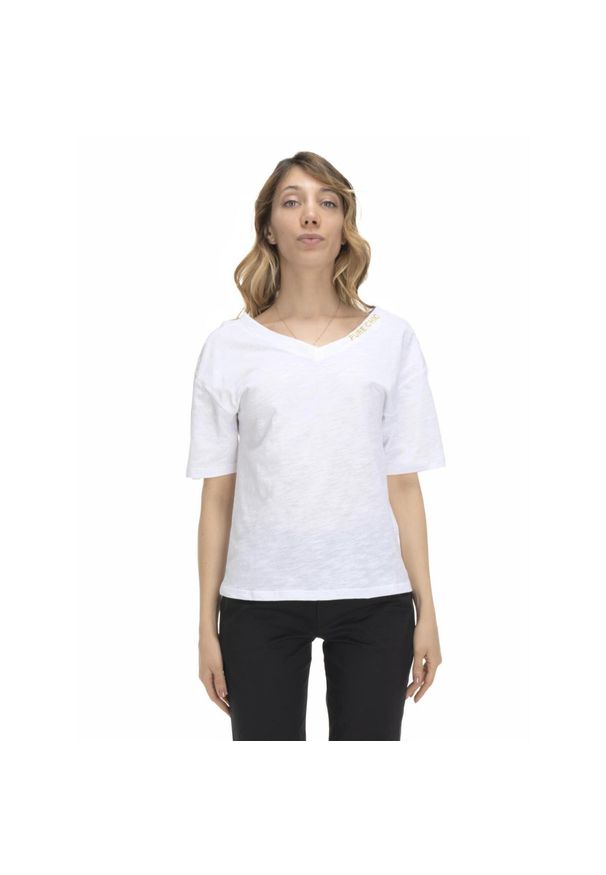 LEONE 1947 APPAREL - Damski T-shirt z dekoltem w kształcie litery V w kolorach ziemi. Typ kołnierza: dekolt w kształcie V. Kolor: biały. Materiał: tkanina. Sport: fitness