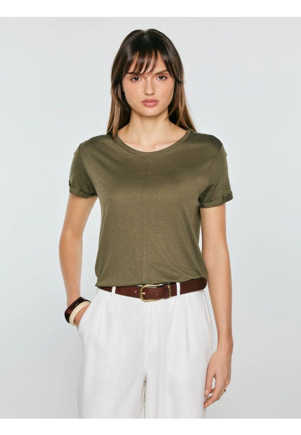 Big-Star - Koszulka damska z domieszką lnu khaki Otria 303. Kolor: zielony. Materiał: len. Styl: klasyczny
