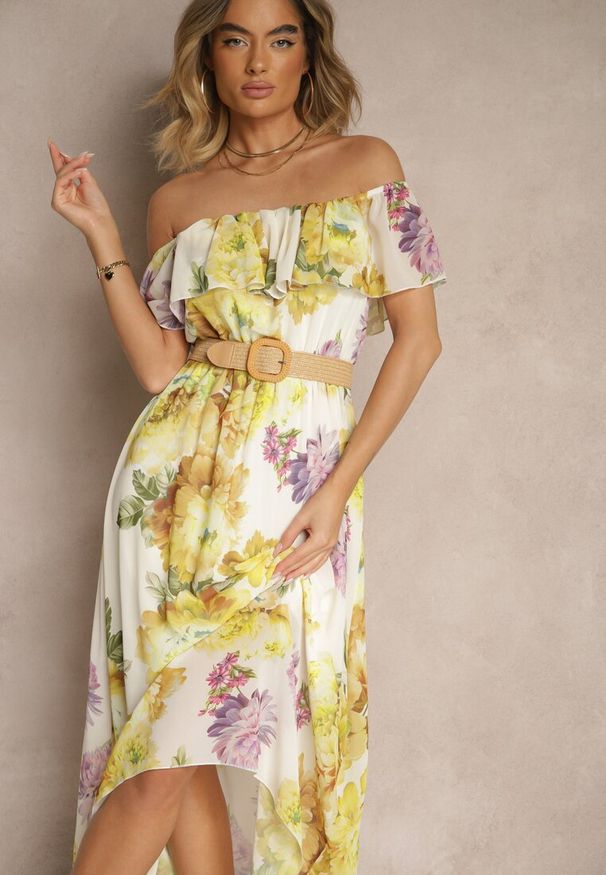 Renee - Żółta Sukienka Hiszpanka z Kwiatowym Wzorem i Plecionym Paskiem Sadeene. Okazja: na co dzień, na imprezę. Typ kołnierza: dekolt hiszpanka. Kolor: żółty. Wzór: kwiaty. Sezon: lato. Styl: elegancki, casual