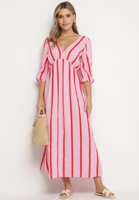 Born2be - Różowo-Pomarańczowa Taliowana Sukienka z Bawełny z Motywem Pasków Rivettes. Okazja: na co dzień, do pracy. Typ kołnierza: dekolt w kształcie V. Kolor: różowy. Materiał: bawełna. Wzór: aplikacja. Typ sukienki: proste. Styl: klasyczny, casual, elegancki #6
