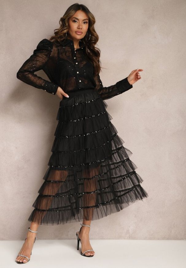 Renee - Czarna Rozkloszowana Spódnica Maxi z Falbankami i Cekinami Noobi. Kolor: czarny. Materiał: materiał. Wzór: aplikacja. Styl: elegancki