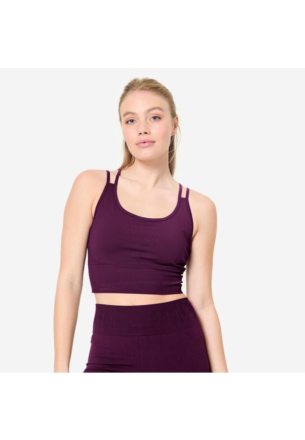 Decathlon - Stanik sportowy Kimjaly. Kolor: fioletowy. Materiał: poliester, elastan, poliamid, materiał. Sport: turystyka piesza, joga i pilates, golf, fitness