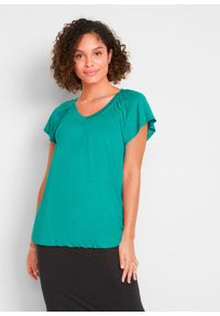 bonprix - T-shirt z mieszanki wiskozy. Typ kołnierza: dekolt w serek. Kolor: zielony. Materiał: wiskoza. Długość rękawa: krótki rękaw. Długość: krótkie #1