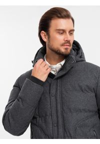 Ombre Clothing - Casualowa męska kurtka puffer z wełną – czarny melanż V2 - Rozmiar: L. Okazja: na co dzień. Typ kołnierza: kołnierzyk stójkowy. Kolor: czarny. Materiał: wełna. Długość: długie. Wzór: melanż. Styl: casual #4