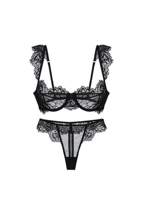 Intica - Komplet bielizny z koronkowymi ramiączkami na romantyczne wieczory Lavonda. Kolor: czarny. Materiał: koronka. Wzór: koronka