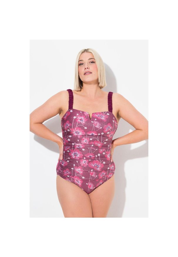 ULLA POPKEN - Damski Kostium kąpielowy kwiaty miękkie miseczki regulowane ramiączka. Kolekcja: plus size. Kolor: fioletowy. Materiał: materiał. Wzór: kwiaty