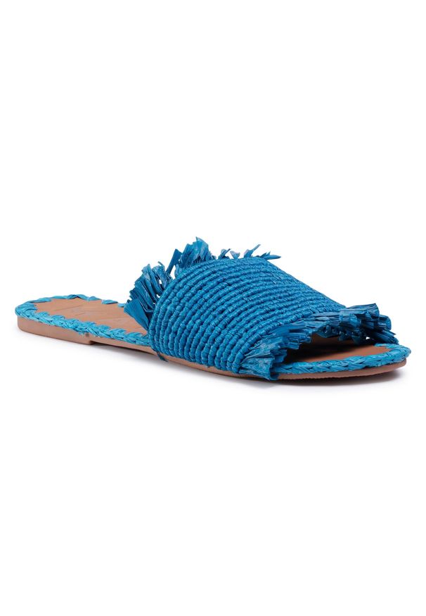 Manebi - Klapki MANEBI - Leather Sandals S 1.9 Y0 Electric Blue Fringed. Kolor: niebieski. Materiał: materiał, skóra. Wzór: aplikacja. Sezon: lato. Obcas: na obcasie. Wysokość obcasa: średni