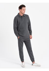 Ombre Clothing - Komplet męski dresowy bluza z kołnierzem polo + spodnie - grafitowy melanż V1. Typ kołnierza: polo. Kolor: szary. Materiał: dresówka. Wzór: melanż