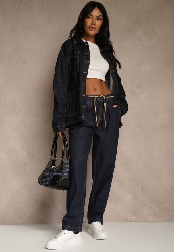 Renee - Niebieskie Szerokie Jeansy z Bawełny High Waist Ozdobione Sznurkiem Landa. Okazja: na co dzień. Stan: podwyższony. Kolor: niebieski. Wzór: aplikacja. Styl: casual, rockowy