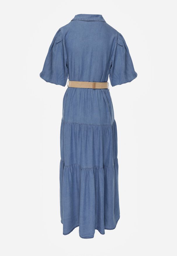 Born2be - Jasnoniebieska Sukienka Koszulowa z Wiskozą Bufiastymi Rękawami i Plecionym Paskiem Eriflara. Kolor: niebieski. Materiał: wiskoza. Wzór: ażurowy. Typ sukienki: koszulowe. Styl: elegancki, klasyczny