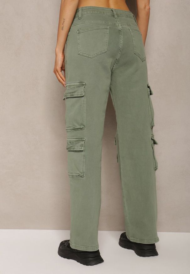 Renee - Zielone Spodnie Typu Bojówki z Bawełny High Waist z Kieszeniami Zefara. Stan: podwyższony. Kolor: zielony. Materiał: bawełna