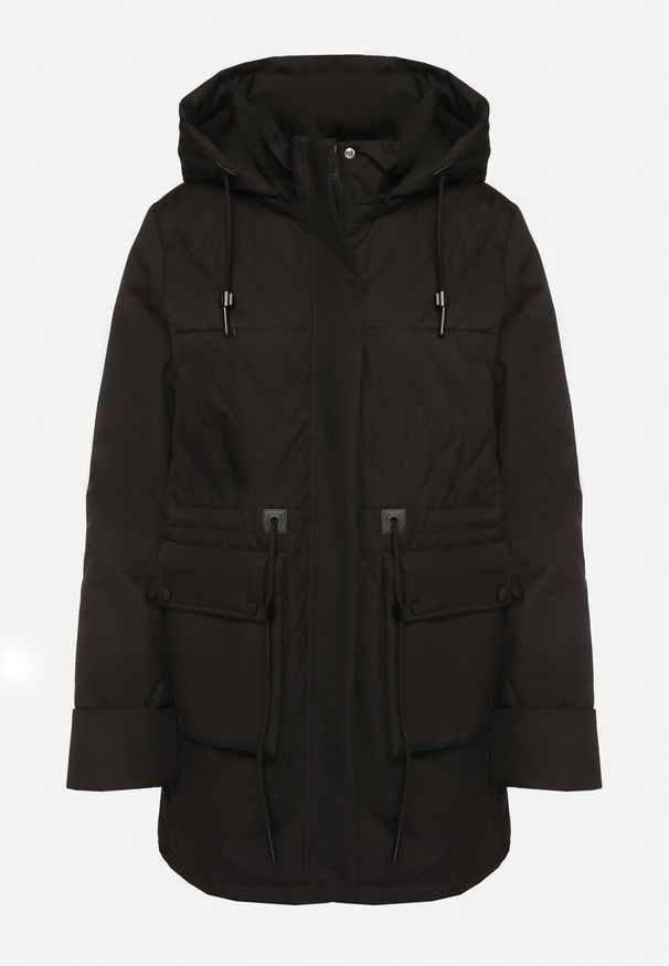 Born2be - Czarna Pikowana Kurtka Parka z Odpinanym Kapturem na Suwak Ściągana w Talii Ericeas. Okazja: na co dzień. Kolor: czarny. Materiał: jeans. Długość rękawa: długi rękaw. Długość: długie. Styl: sportowy, wizytowy, elegancki, casual