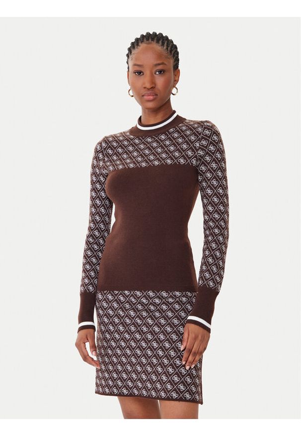 Guess Sweter W5BR24 Z3JD2 Brązowy Slim Fit. Kolor: brązowy. Materiał: syntetyk
