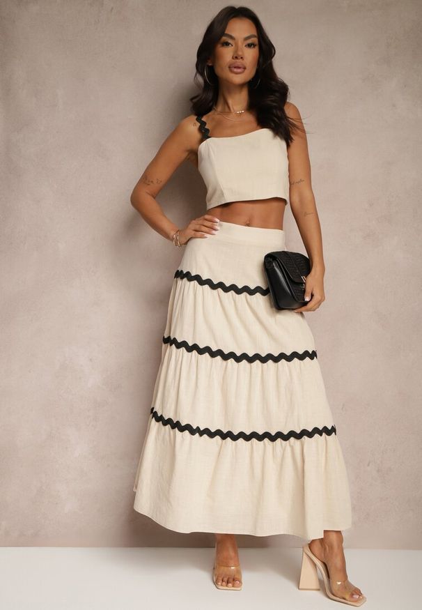 Renee - Beżowy Komplet z Bawełny Top na Ramiączkach i Spódnica Janoria. Kolor: beżowy. Materiał: bawełna