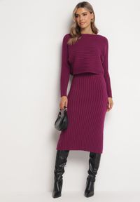 Born2be - Fioletowy 2-częściowy Komplet Dzianinowy Sweter i Sukienka Rialles. Kolor: fioletowy. Materiał: dzianina #4
