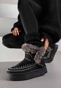 Born2be - Czarne Śniegowce na Grubej Podeszwie Ozdobione Haftowanym Motywem i Futerkiem Caretusa. Okazja: na co dzień. Kolor: czarny. Materiał: futro. Wzór: haft, aplikacja. Styl: klasyczny, casual, elegancki #3