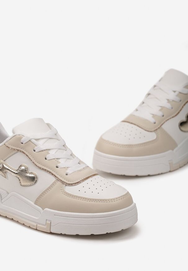 Renee - Beżowe Sznurowane Sneakersy na Grubej Podeszwie z Brokatowym Zdobieniem Anaieli. Kolor: beżowy. Szerokość cholewki: normalna. Wzór: aplikacja