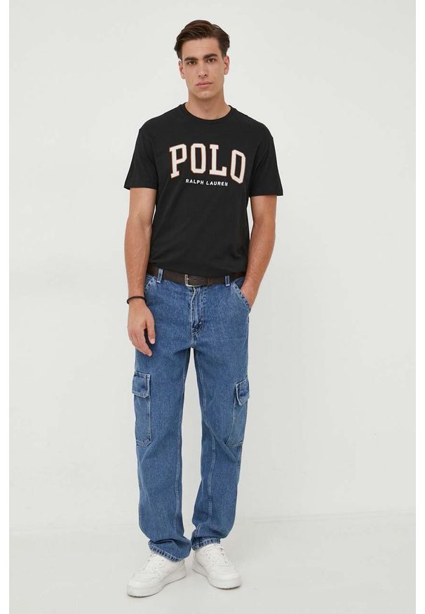 Polo Ralph Lauren t-shirt bawełniany kolor czarny z aplikacją. Typ kołnierza: polo. Kolor: czarny. Materiał: bawełna. Wzór: aplikacja