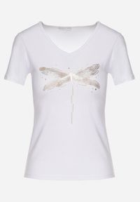 Born2be - Biały Bawełniany T-shirt z Motywem Ważki i Cyrkoniami Ulimira. Okazja: na co dzień. Kolor: biały. Materiał: bawełna. Wzór: aplikacja. Styl: klasyczny, casual #5