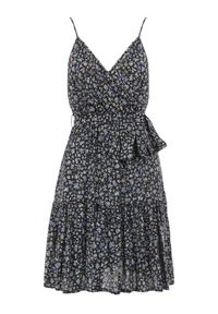 Born2be - Czarna Sukienka z Wiskozy Eudaia. Typ kołnierza: dekolt kopertowy. Kolor: czarny. Wzór: aplikacja, kwiaty. Typ sukienki: kopertowe, rozkloszowane. Materiał: wiskoza. Długość rękawa: na ramiączkach. Sezon: lato. Styl: wakacyjny. Długość: mini #6