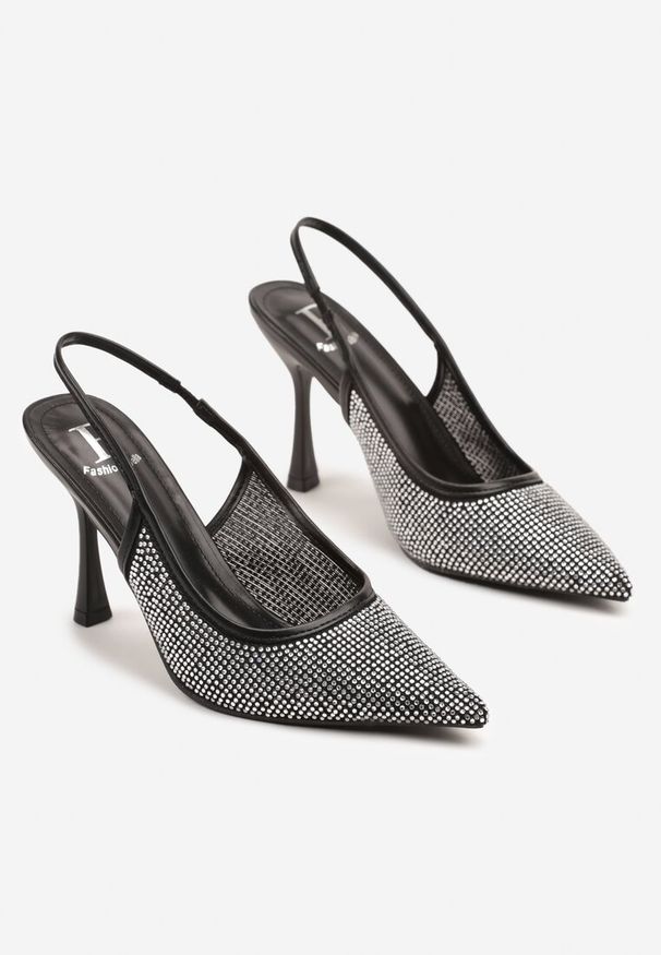 Renee - Czarne Sandały Szpilki Slingback z Noskiem w Szpic Zdobione Cyrkoniami Zenvia. Okazja: na imprezę, do pracy, na spotkanie biznesowe. Kolor: czarny. Wzór: aplikacja. Obcas: na szpilce. Styl: wizytowy, biznesowy