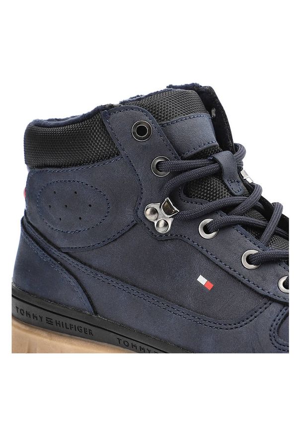 TOMMY HILFIGER - Granatowe Trapery Tommy Hilfiger Wygodne Buty Damskie. Kolor: niebieski. Materiał: skóra ekologiczna, materiał. Szerokość cholewki: normalna. Styl: elegancki