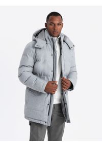 Ombre Clothing - Ciepła długa męska kurtka typu parka z wełną – jasnoszary melanż V3 - Rozmiar: L. Kolor: szary. Materiał: wełna. Długość: długie. Wzór: melanż #3