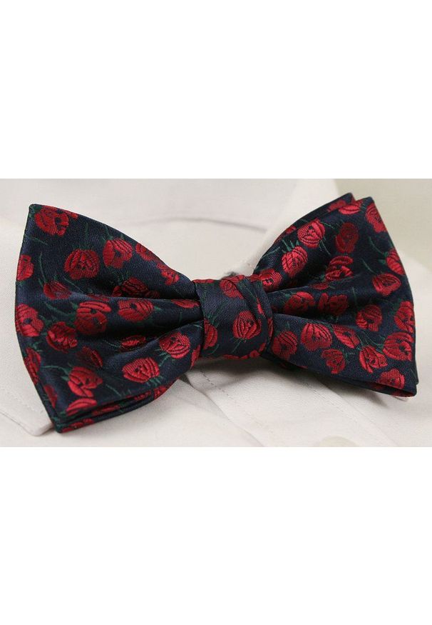 Chattier - Ciemna Granatowa Mucha z Białą Poszetką -CHATTIER- Męska, w Czerwone Kwiatki. Kolor: czerwony, wielokolorowy, niebieski. Wzór: kwiaty. Styl: sportowy, elegancki