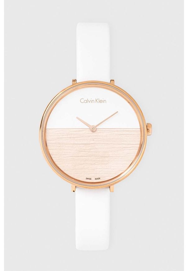 Calvin Klein zegarek damski kolor biały. Kolor: biały. Materiał: skóra, materiał