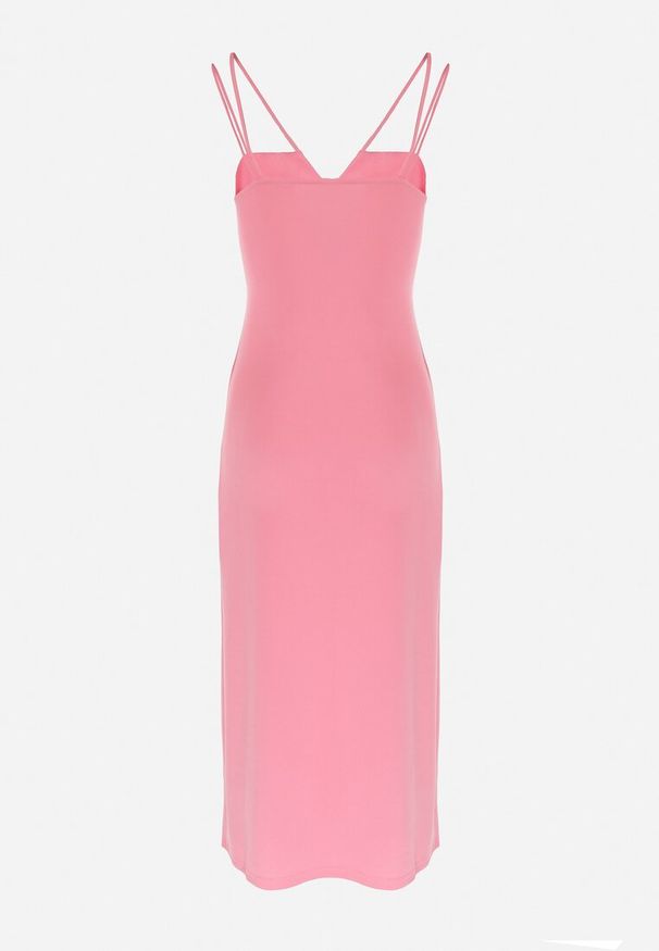 Born2be - Różowa Sukienka na Ramiączkach z Rozcięciem Sophiya. Kolor: różowy. Materiał: tkanina. Długość rękawa: na ramiączkach. Wzór: aplikacja, gładki. Długość: midi