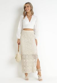 Born2be - Beżowa Ażurowa Spódnica z Rozcięciem Penelapi. Kolor: beżowy. Wzór: ażurowy. Styl: boho, elegancki #4