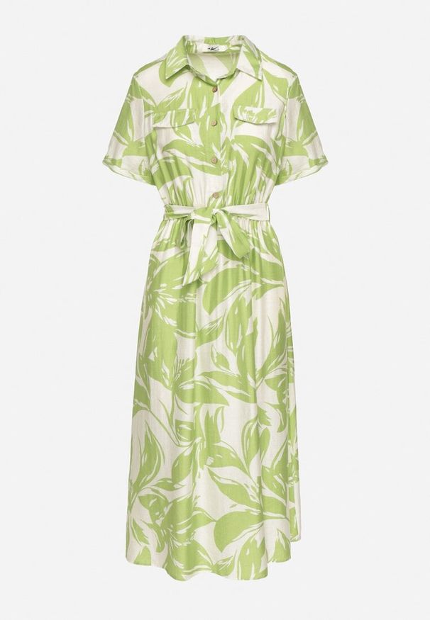 Born2be - Zielona Wiskozowa Sukienka o Koszulowym Kroju z Wiązanym Paskiem Uloanna. Okazja: na co dzień. Kolor: zielony. Materiał: wiskoza. Długość rękawa: krótki rękaw. Wzór: aplikacja. Typ sukienki: koszulowe. Styl: klasyczny, casual, elegancki