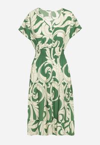 Born2be - Zielona Sukienka z Bawełny Ozdobiona Guzikami i Geometrycznym Wzorem Talissea. Okazja: na co dzień. Typ kołnierza: dekolt w kształcie V. Kolor: zielony. Materiał: bawełna. Wzór: geometria, aplikacja. Sezon: lato. Styl: casual #3